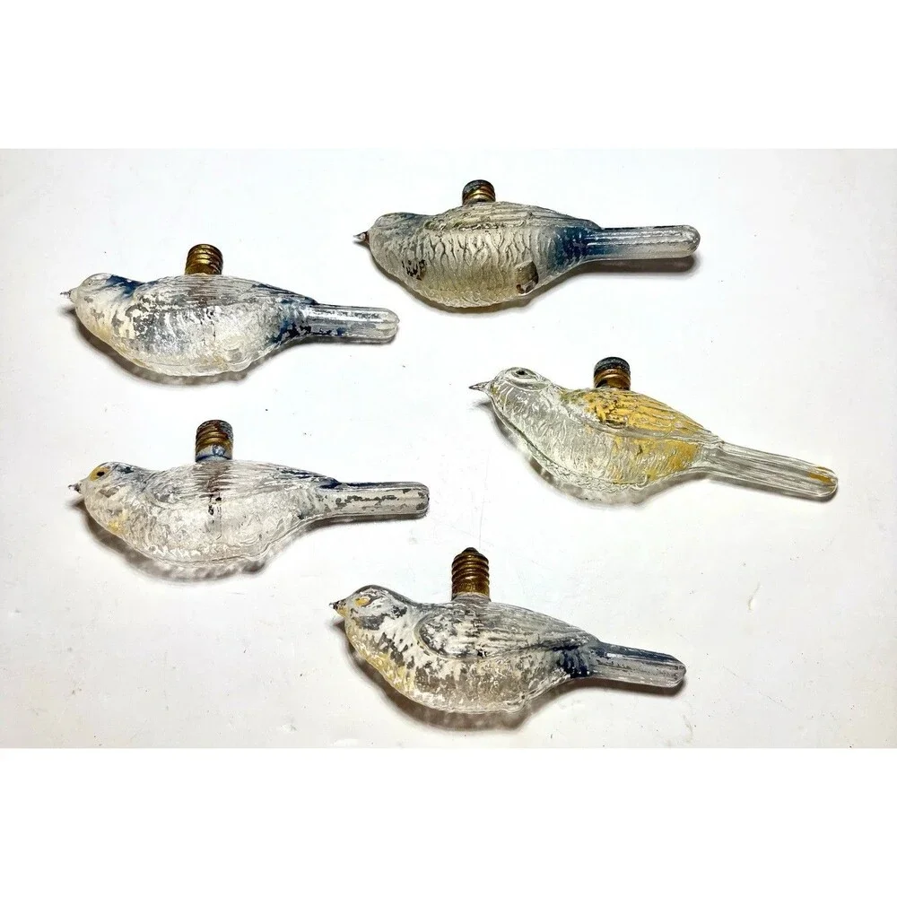 Bird Light Bulb Ornament Clear Glass Painted Blue Old• 5 Pc • Christmas Vintage
